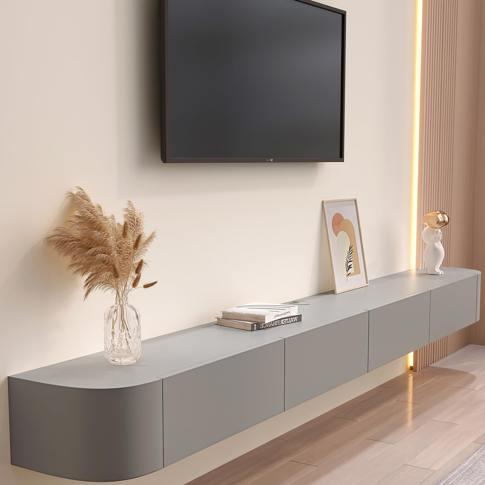 TV-Medienkonsole, Schwimmender TV-Schrank, Groß, Wandmontiert, Mehrere Aufbewahrungsfächer, Geeignet für Wohnzimmer, Schlafzimmer usw. (Grau, 180 x 20 x 24 cm)