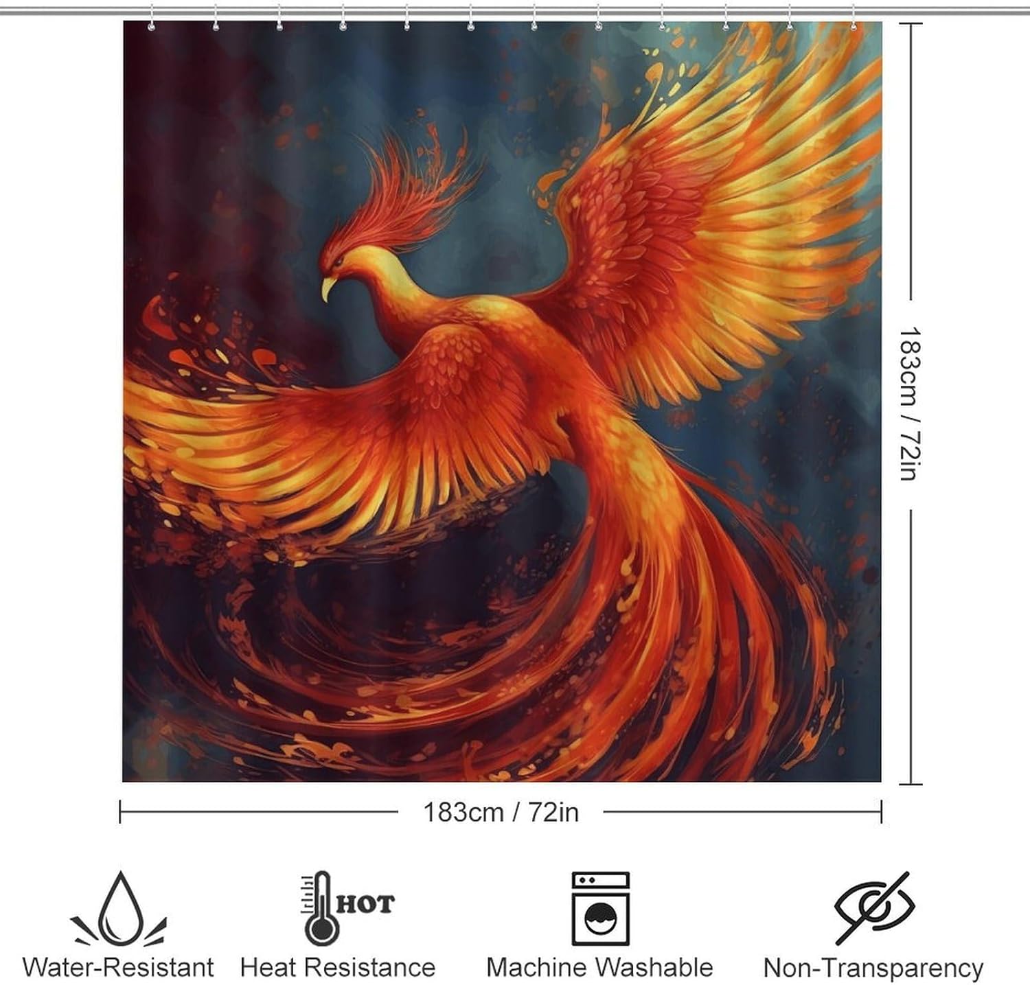 Orange Red Phoenix Shower Curtain Set 4 Piece, Non-Slip Bath Mat with Toilet Lid Cover and Waterproof Shower Curtain with 12 Hooks, Complete Bathroom Set for Home Decor