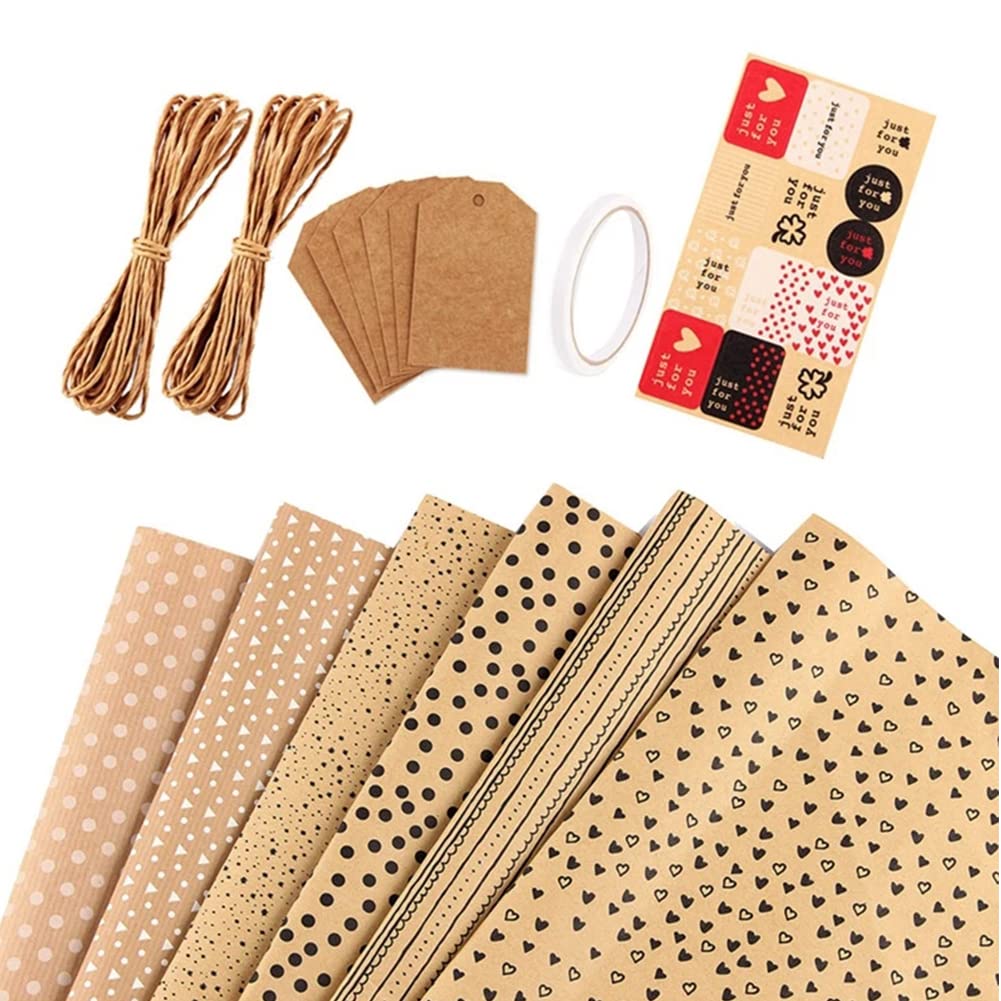 6 PCS Gift Wrapping Paper Recycled Gift Wrapping Paper Kraft Paper Sheets for Craft Packing Birthday,Wedding,Party,Christmas,Holiday,Baby Shower,DIY Handicrafts, Gift (70x50cm, Multicolor-6)