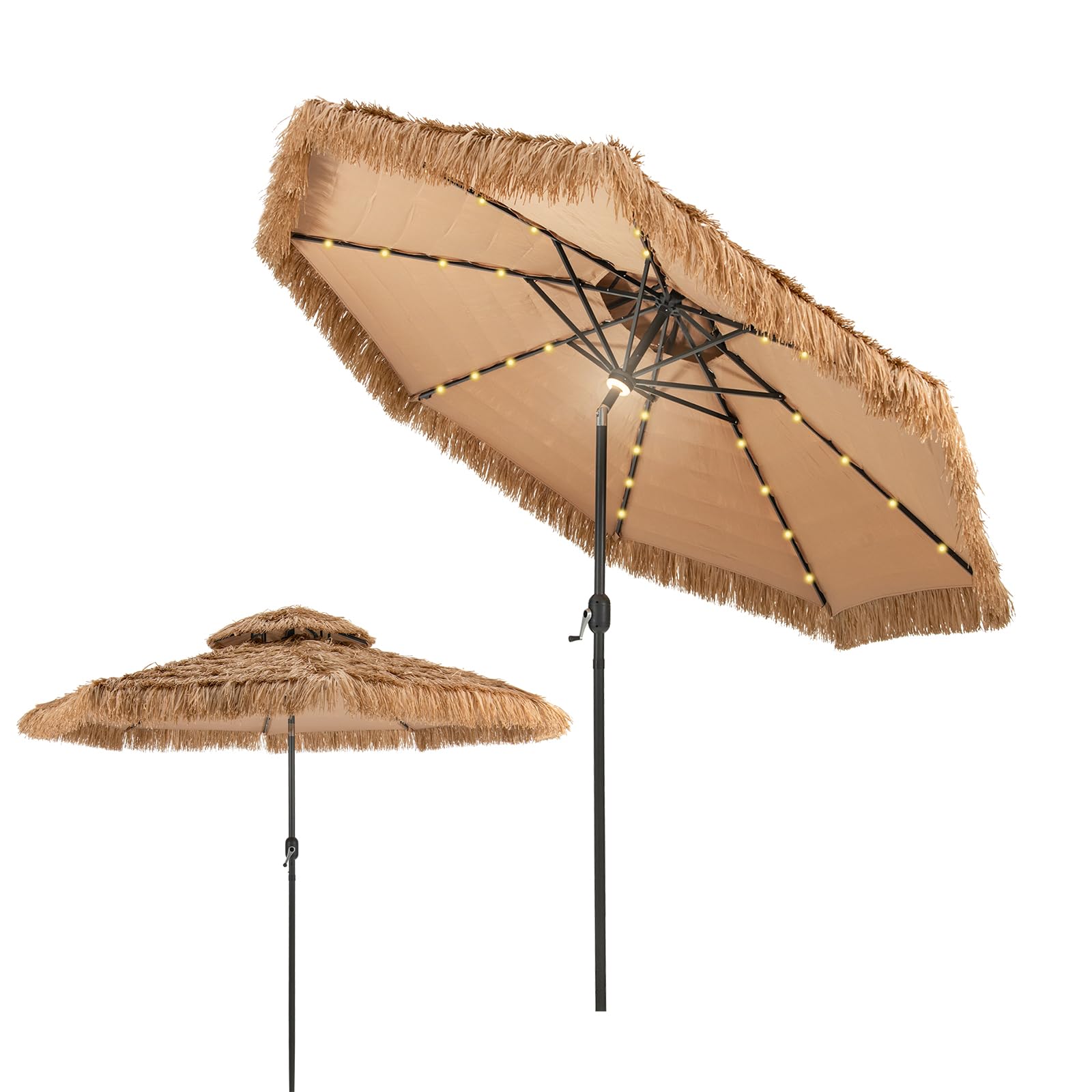KOMFOTTEU Ombrellone da spiaggia Ø270/300 cm, Ombrellone hawaiano in paglia in PE, Parasole Rafia inclinabile con 8 aste, Ombrellone con doppio tetto per giardino, Terreza, Balcone
