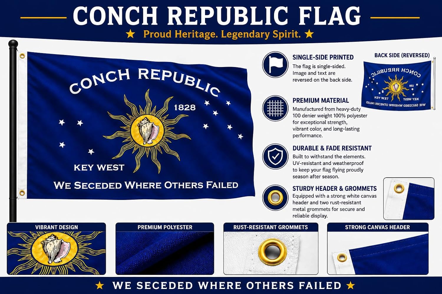 Conch Republic of Key West 100% Polyester 3x5 "We Seceded Where Others Failed" Independence Celebration Flag