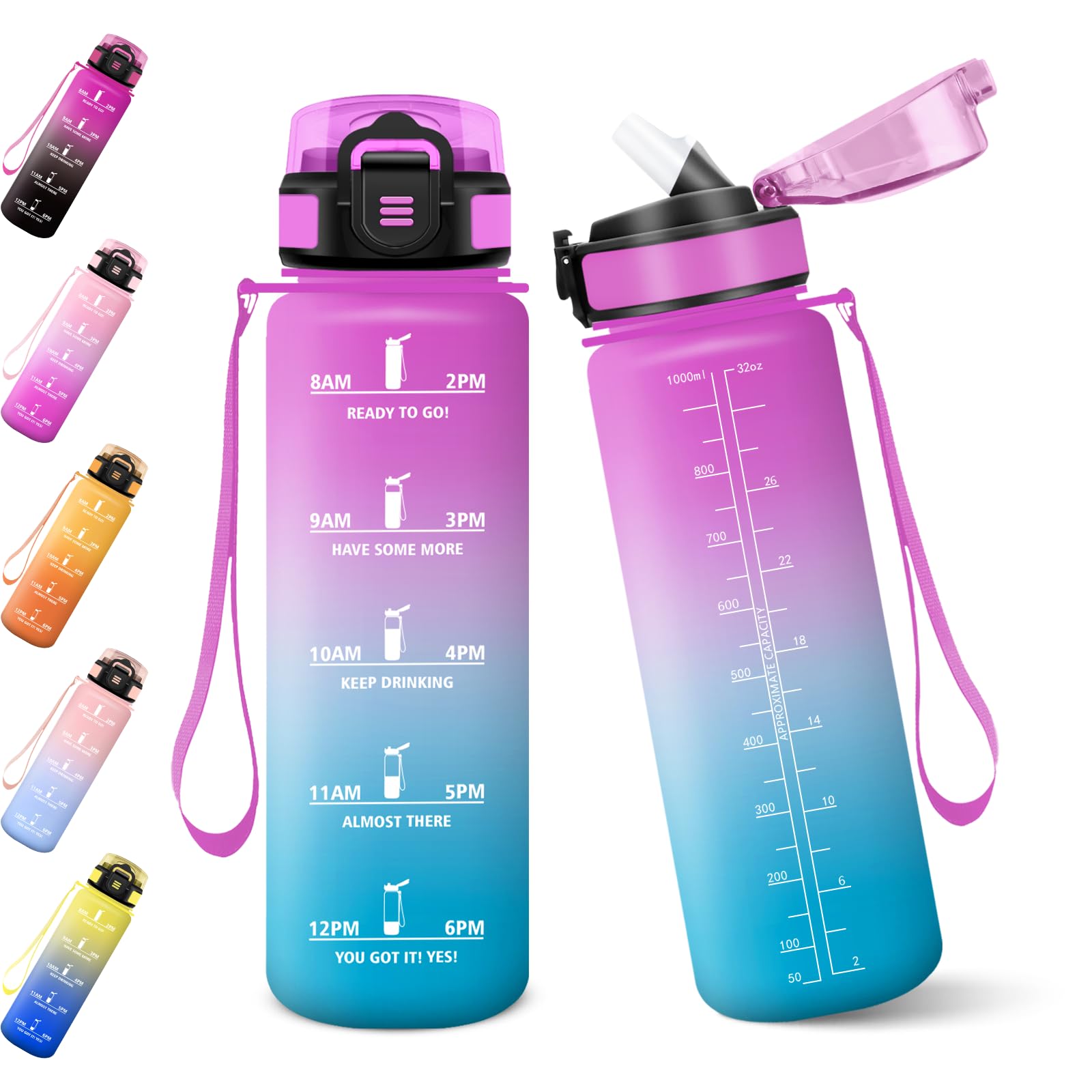 Baramumu 1000ML BPA Free Straw Water Bottle Motivational Water Bottle with Time Indicator Gym Straw Pink & Cyan