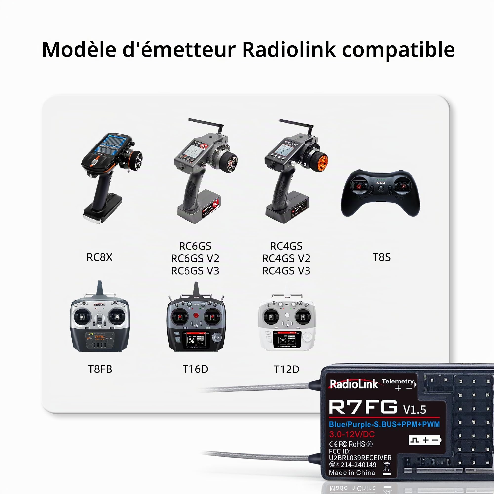 Radiolink R7FG Récepteur Gyro 7 Canaux 2,4GHz FHSS avec Télémétrie de Tension, Compatible avec l'émetteur RC6GS V3/RC4GS V3/T8FB/T8S/RC8X/T16D/T12D
