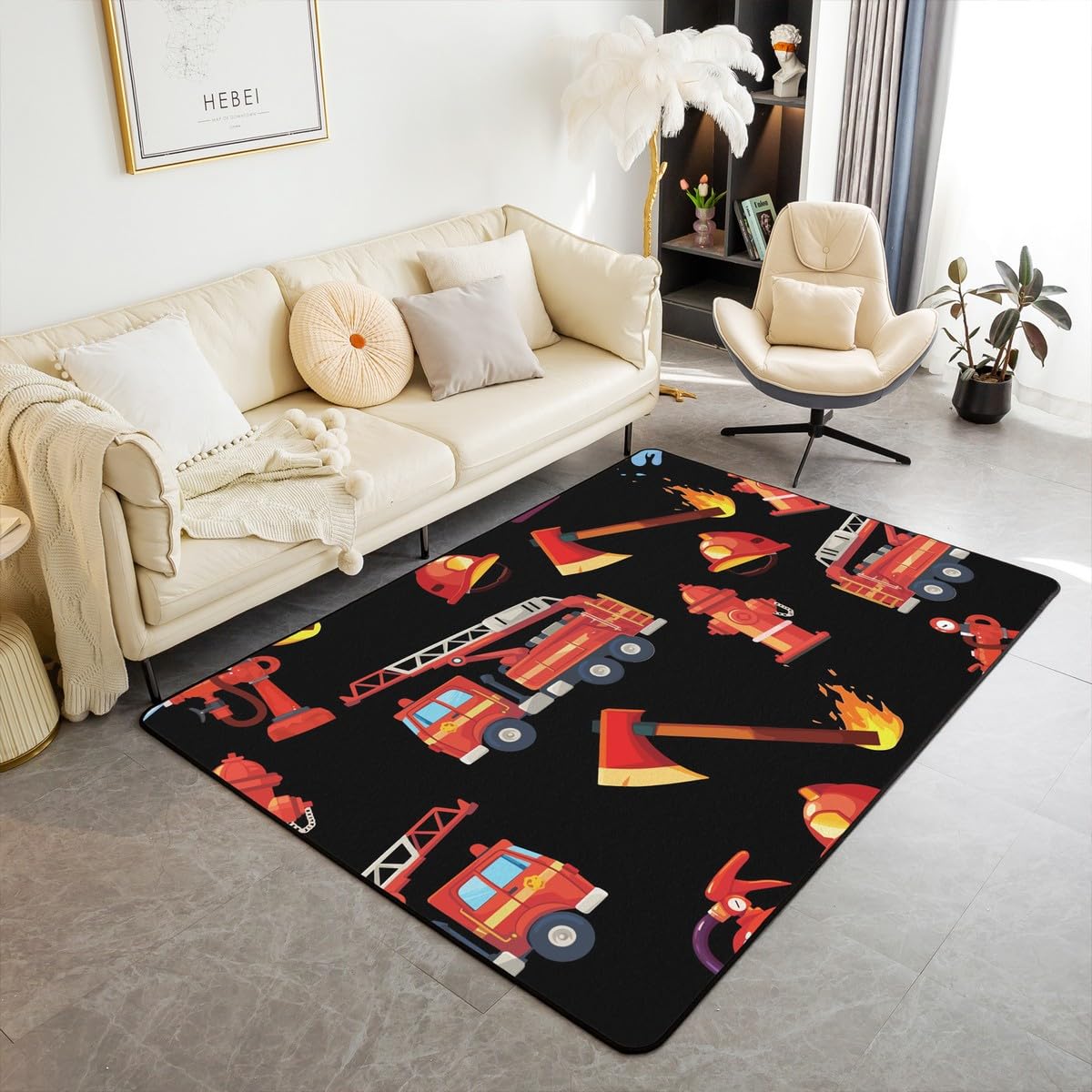 Tapis de voiture pompiers dessin animé 150x200 cm noir et rouge pour salon