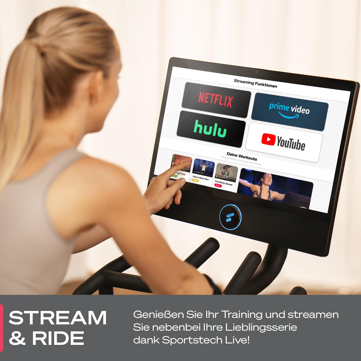 Sportstech Heimtrainer + 21.5" Touch Display - Deutsche Qualitätsmarke - APP mit Live Workouts & Kursen Fitnessbike mit patentierter LED Technologie, Ergometer, sBike