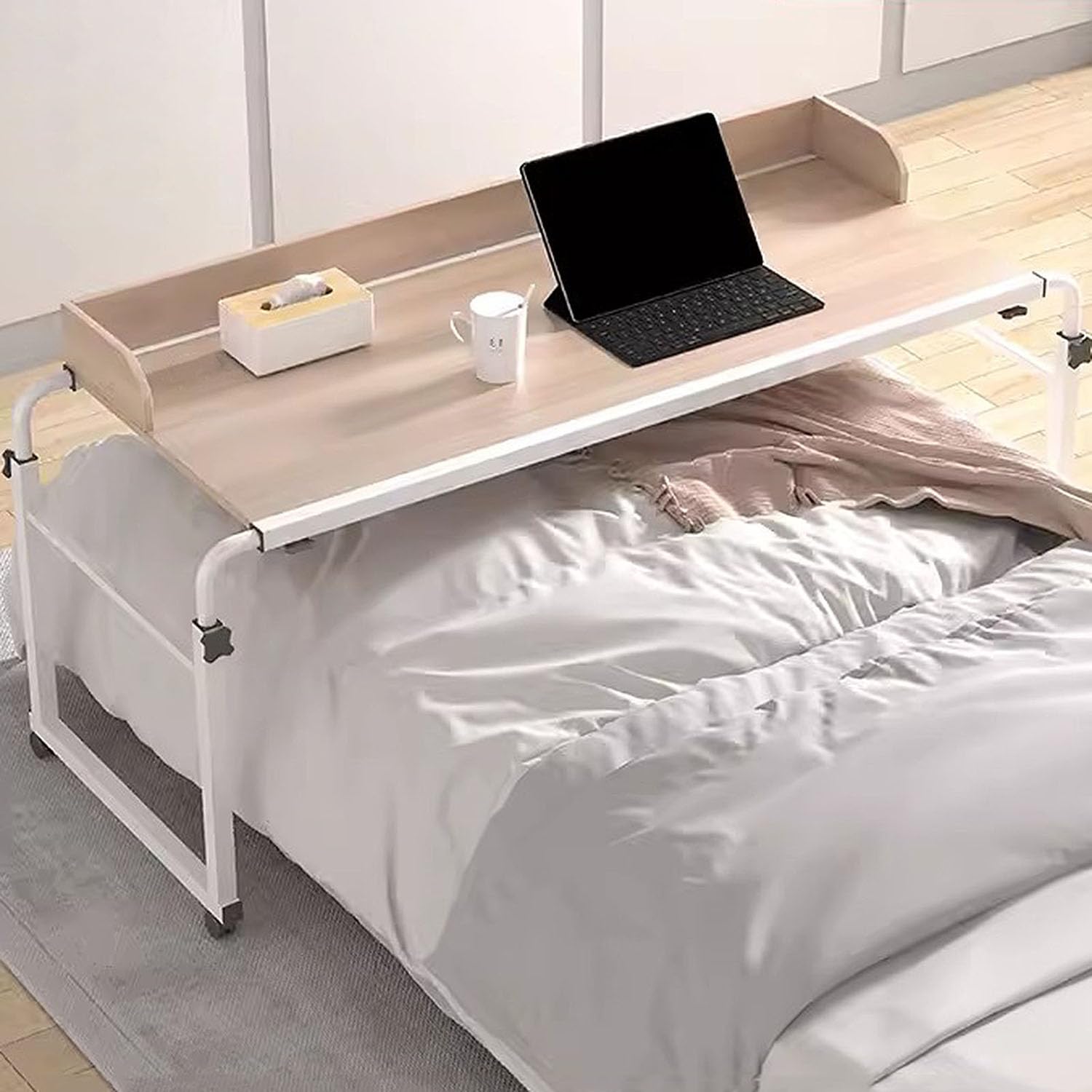 GXQFC Mobile Over Bed Desk, Rolling Medical Table with Wheels Adjust Height 65-95cm Laptop Cart Bed Tables Width Adjustable 115-210cm for Work Gaming Breakfast Applying Makeup(Color:Wood)