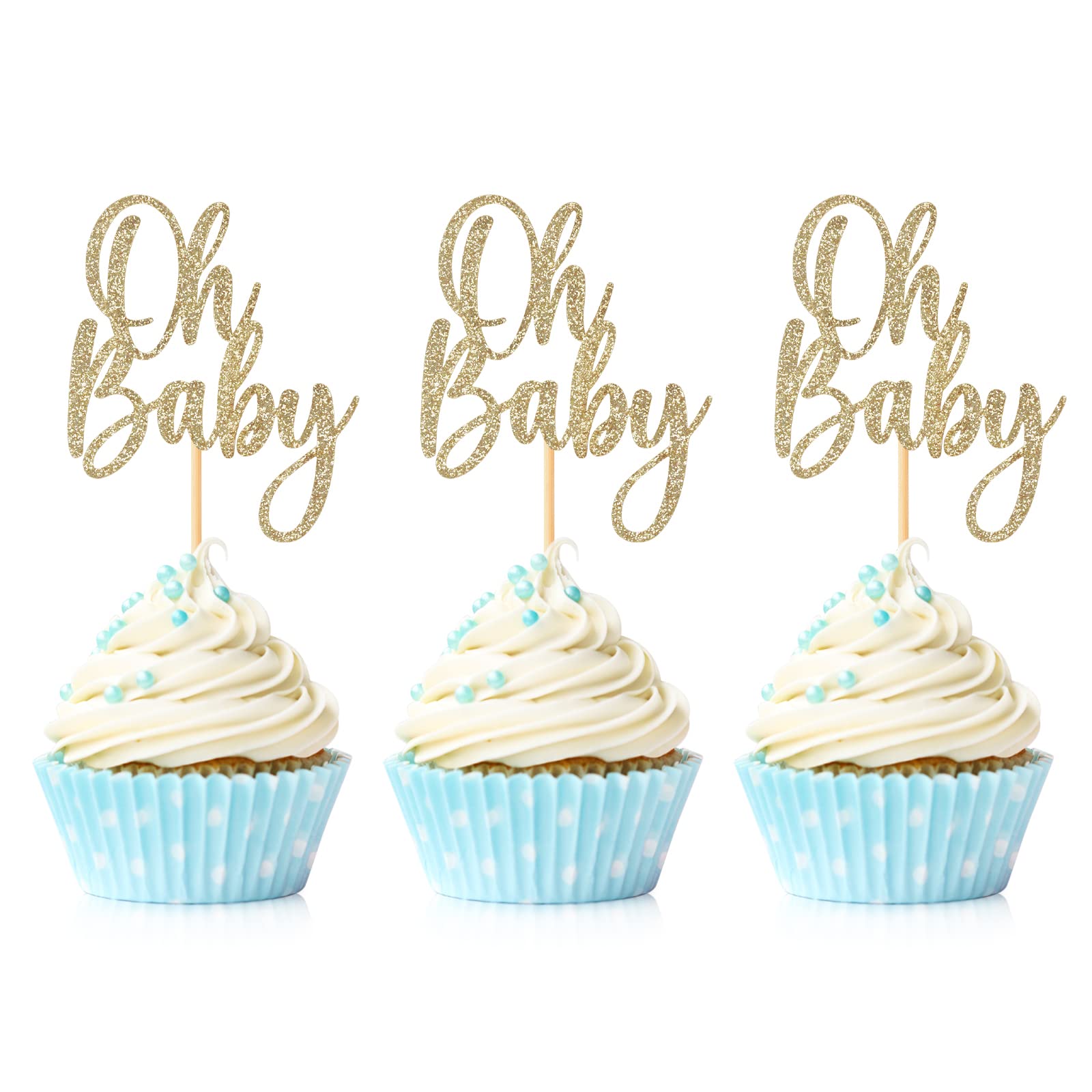 24 Pieces Oh Baby Cupcake Topper Light Gold Glitter Baby Shower Cake Decorations Boys Girls Birthday Party Supplies