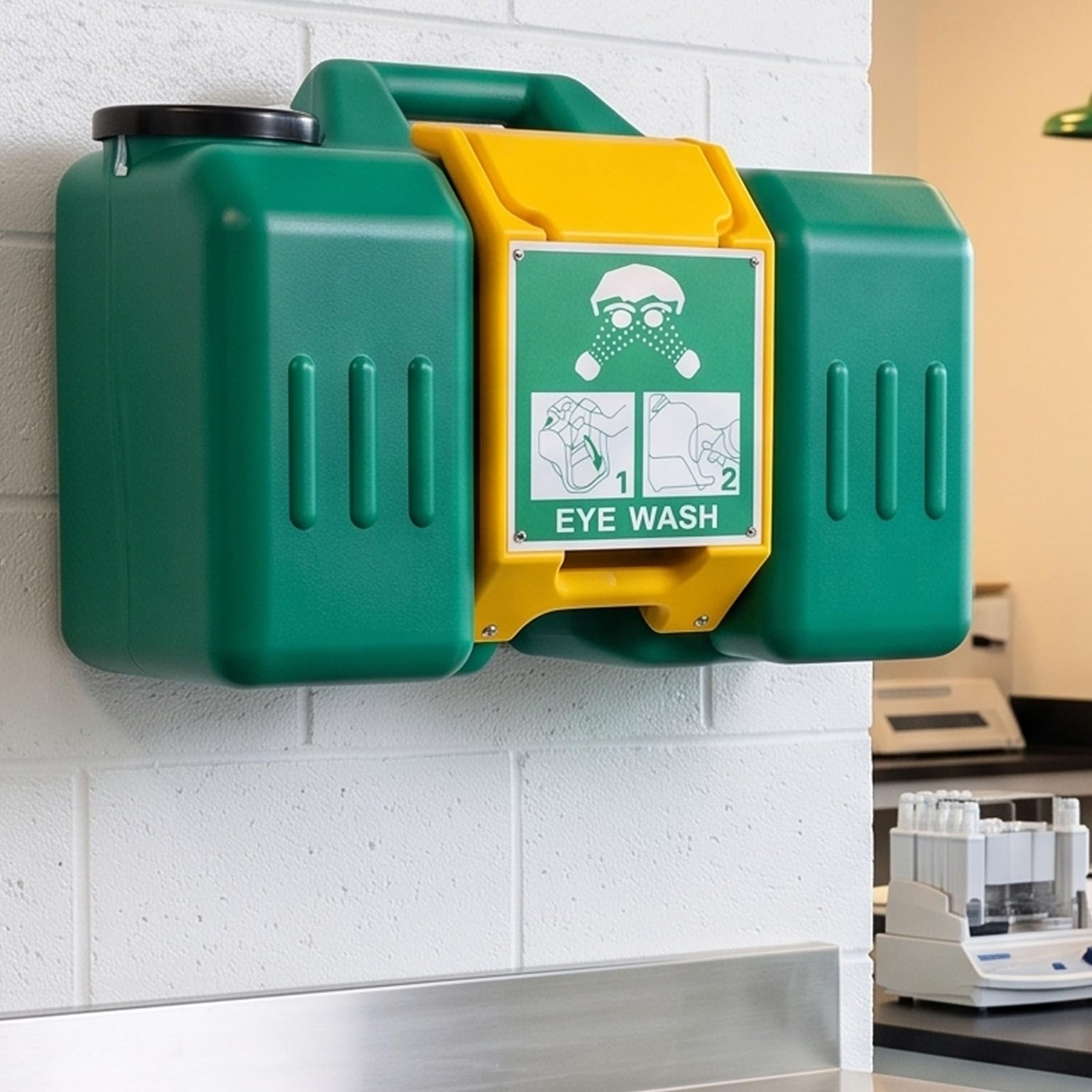 Station de Lavage Oculaire D'urgence, unité Murale de 9 Gallons | Corps en Polyéthylène, Rinçage à Double Sortie, Compatible avec une Solution Saline, Utilisation Portable, Laboratoires,