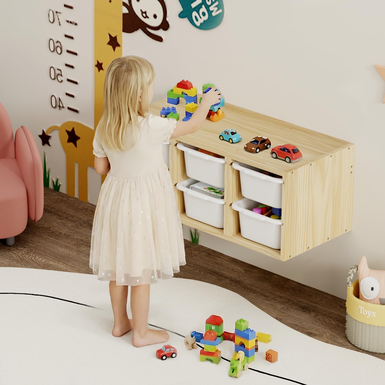 Organizador de juguetes Montessori de madera maciza para pared con 6 contenedores, estante de almacenamiento con superficie superior para aprendizaje y juego, revistero infantil y caja de juguetes