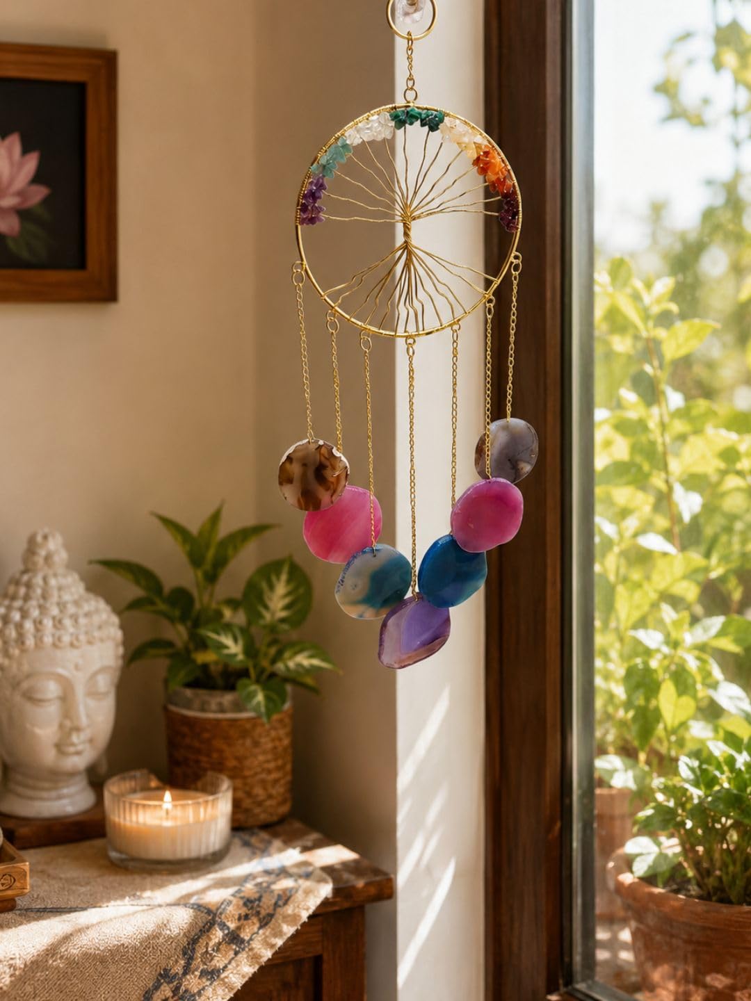 7 Chakra Agate Slice Round Windchime | Natural Crystal Hanging Ornament for Positive Energy, Balcony & Decor | 17" Height, 6" Diameter, 7 Slices, Weight: 350g-image-43