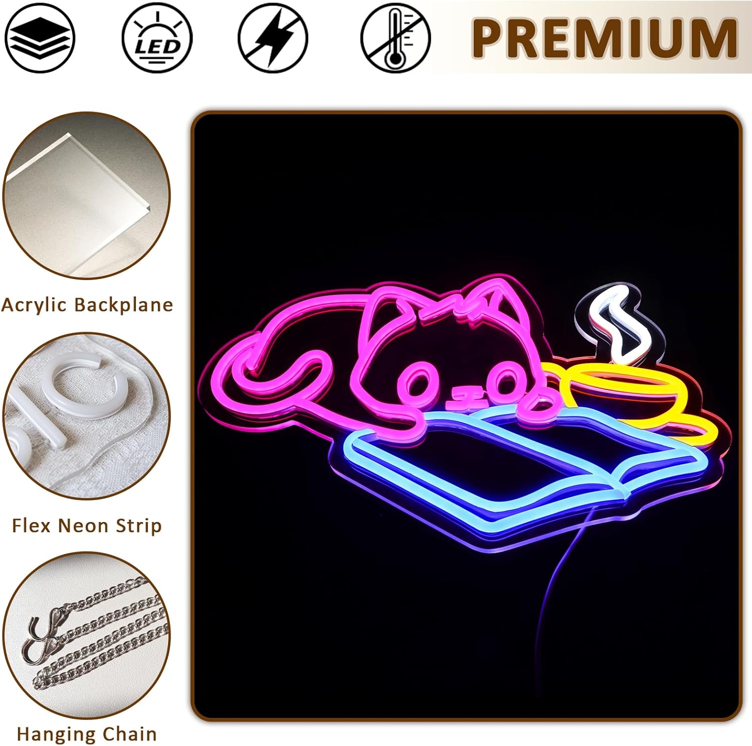 Cat Reading Book Neon Sign for Wall Decor, Cute Cat Led Signs for Library, USB Dimmable Neon Lights for Classroom Reading Cafe Corner Bedroom Study Room Home Book Club Motivational Wall Art - Image 6