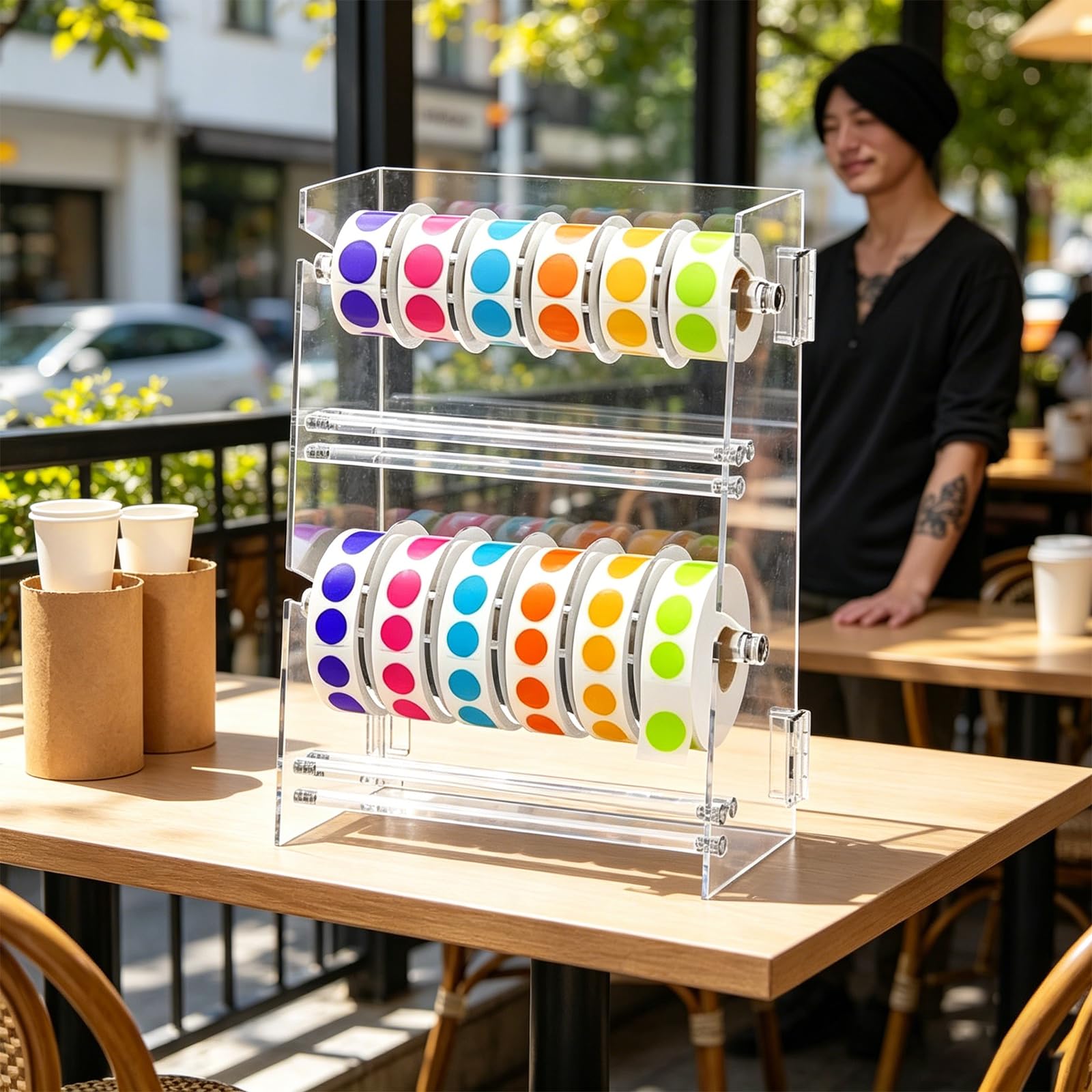 Scaffale per Dispenser Etichette con divisori Scaffale per Adesivi in ​​Acrilico Trasparente per Un ' organizzazione efficiente degli spazi Lavoro Supporto per Dispenser Etichette
