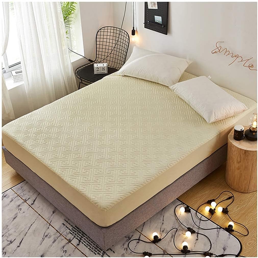 Mattress Cover Quilted Cotton Pad Mattress Cover Soft Mattress Cover for Mattresses Washable from 2 to 10 Inch Depth (Beige 180 x 200 cm)