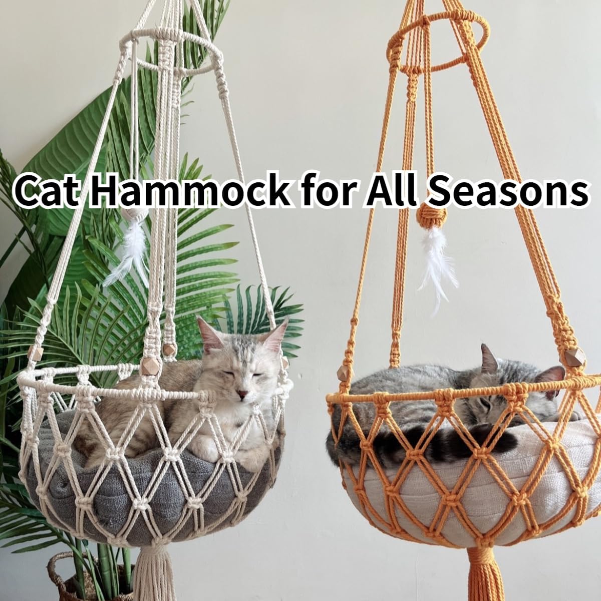 review Cat Hammock, Handwoven Hanging Boho Cat Bed for Indoor Outdoor Home Decor for Playing Sleeping Climbing and Lounging with Cushion (Off-White)