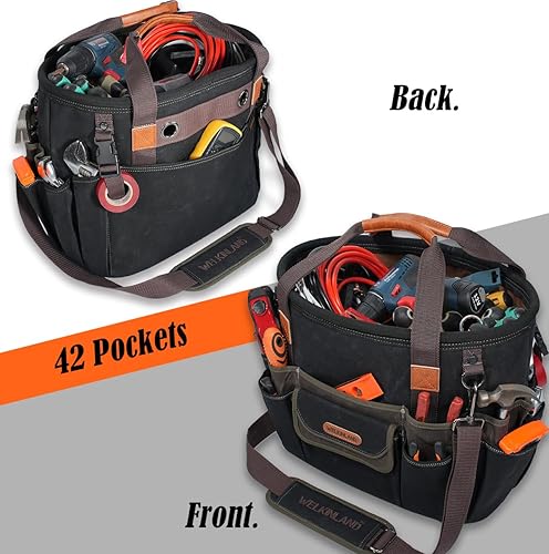 Miniatura 4 de WELKINLAND Bolsa de herramientas para electricista de 42 bolsillos, bolsa de herramientas superior abierta de 16 pulgadas, bolsa de herramientas de