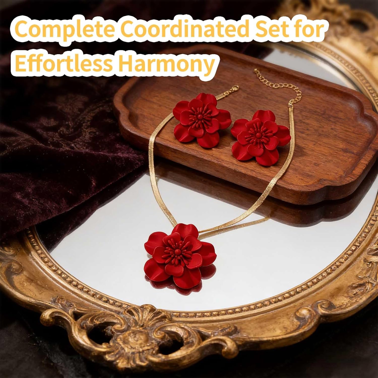 Flower Necklace and Earrings Sets for Women, Red Jewelry Sets Snake Chain Necklace Big Foral Statement Earrings Wedding Party Evening Beach Vacation Jewelry - Image 6