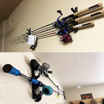 Horizontal Rod Rack for Fishing Rod Wall Rack Storage Fishing Pole Holder for Garage & Cabin & Basement - Hold 4 Fishing Rods - Space Saving - Easy to Install, Hardware Included