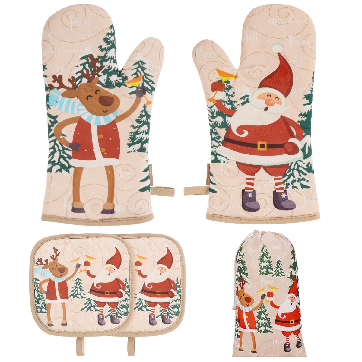 Cute Christmas Oven Mitt, 5PCS Merry Christmas Oven Mitts and Pot Holders Sets, Heat Resistant Oven Gloves and Pot Holders, Oven Mitt & Pot Holder for Christmas Kitchen Cooking Baking