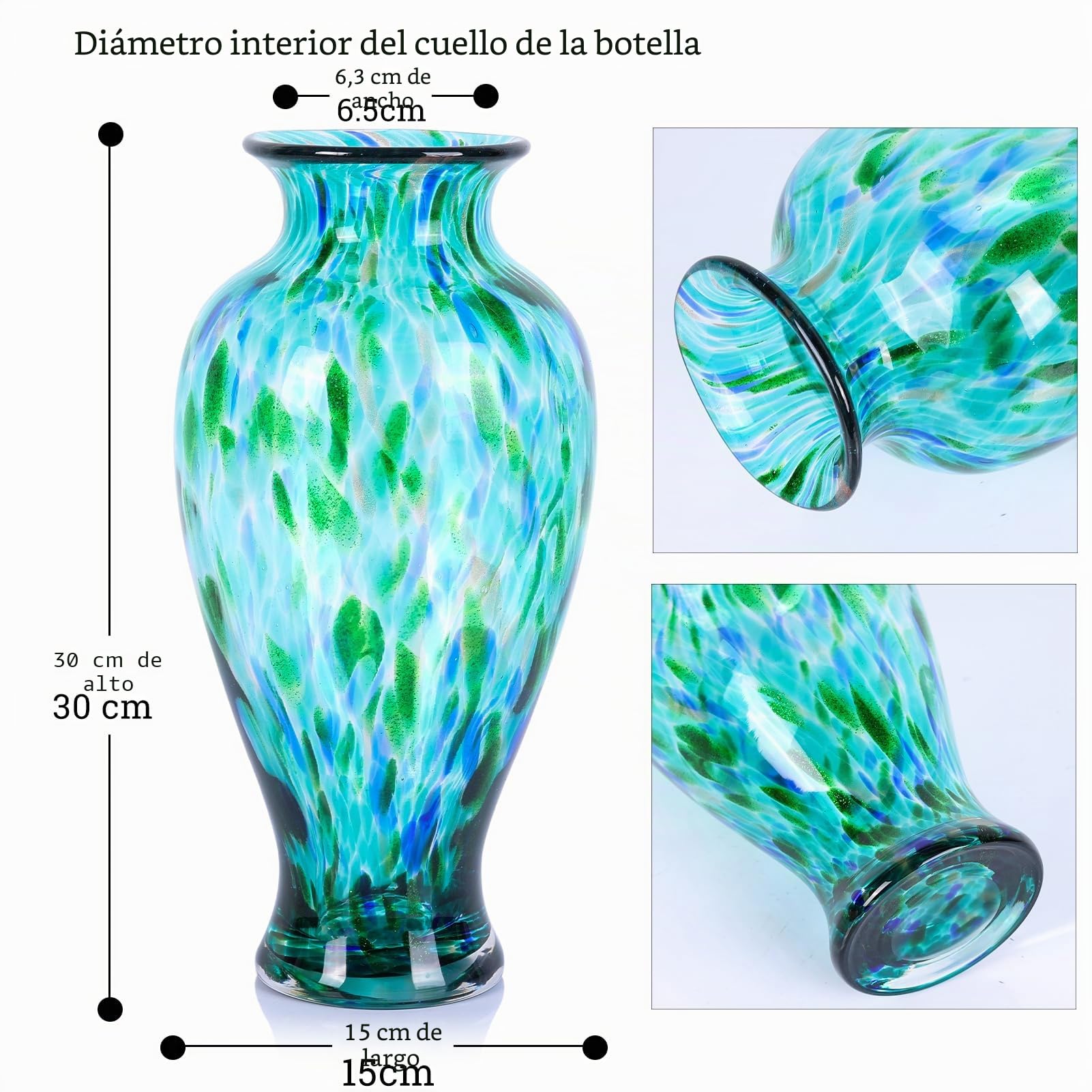Jarrón de vidrio soplado verde azulado de 11.8 pulgadas de alto, jarrón de vidrio opaco verde, diseño único, decoración artística de boca ancha turquesa para el hogar, sala de estar, mesa de