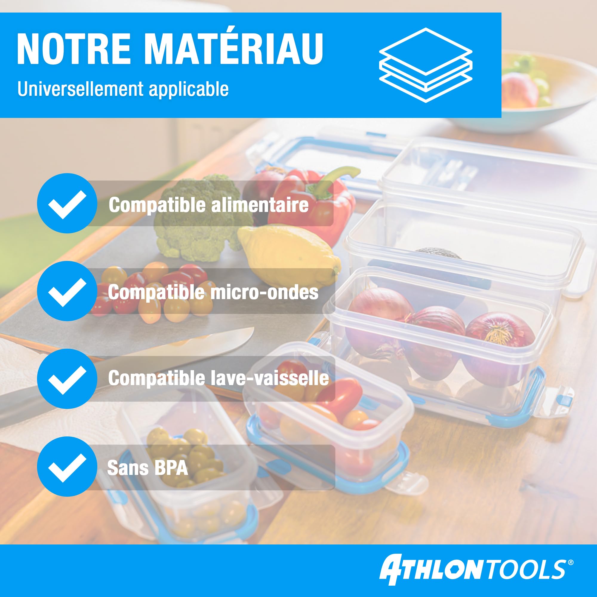 ATHLON TOOLS Lot de 4 boîtes de conservation de qualité gastronomique de 3 L - 100% hermétiques et étanches - de -40 à +100 degrés - pour tous les aliments - Sans BPA - Boîtes de conservation pour