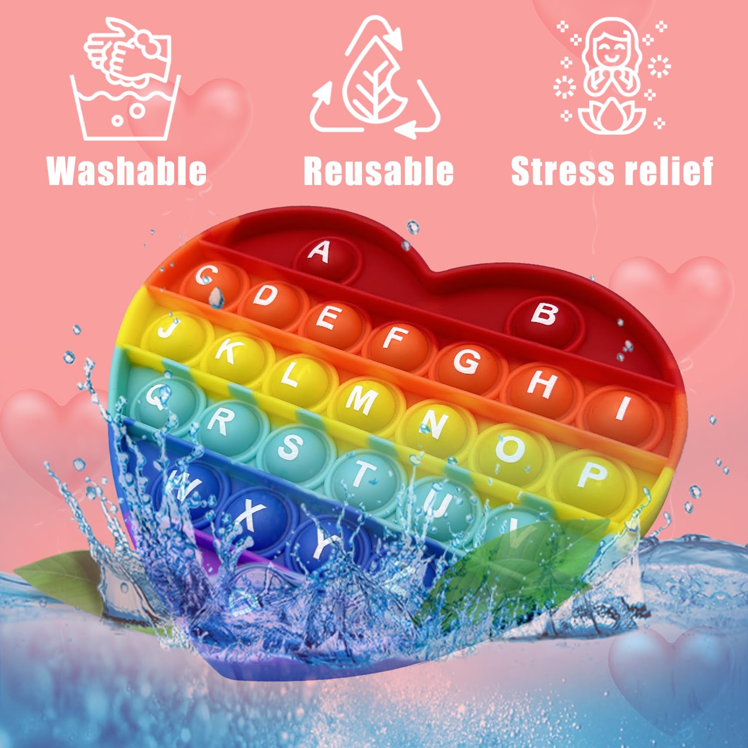 unitedessentialgoods Rainbow Heart Shaped Pop Bubble Valentines Fidget Toy with Letters and Numbers, Xmas Gift Sensory Toy with Alphabets Kids Birthday Party Classroom Prize Stress Reliever 3