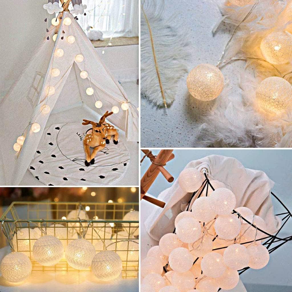 Ghirlanda Luminosa Cameretta, 3,8M 20 Sfere Cotone LED Catena Luminosa Interno Con spina, per Decorazione Della Luce Notturna Interna, Come Natale, Matrimonio, Festa, Stanza, Tenda
