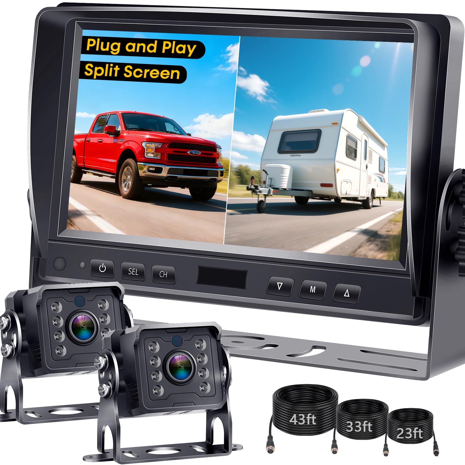 Dual RV Backup Camera System: 7" Monitor with Split Screen No Lag Easy Installation Plug and Play HD 1080P Rear View Camera Wired Kit IP69 Waterproof IR Crystal Night Vision for Truck Tractor R4