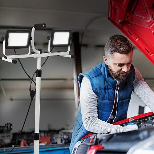 Miniatura 6 de UFOND Luz de trabajo LED de 10000 lúmenes con soporte, luz de trabajo de doble cabeza, lámpara impermeable con interruptor individual, trípode