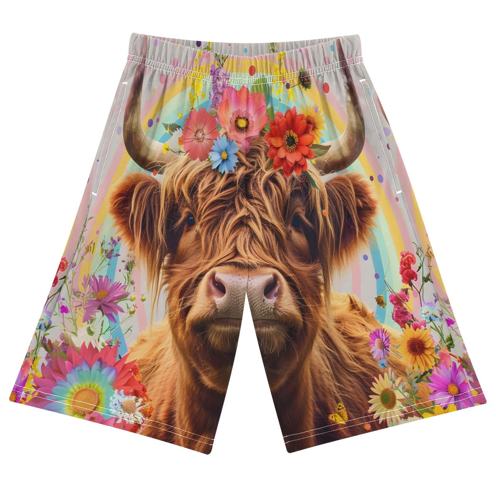 ALAZA Highland Cow Rainbow Flowers Boys Athletic Shorts Kids with Pockets Shorts for boy Girl Size 6-8 Years