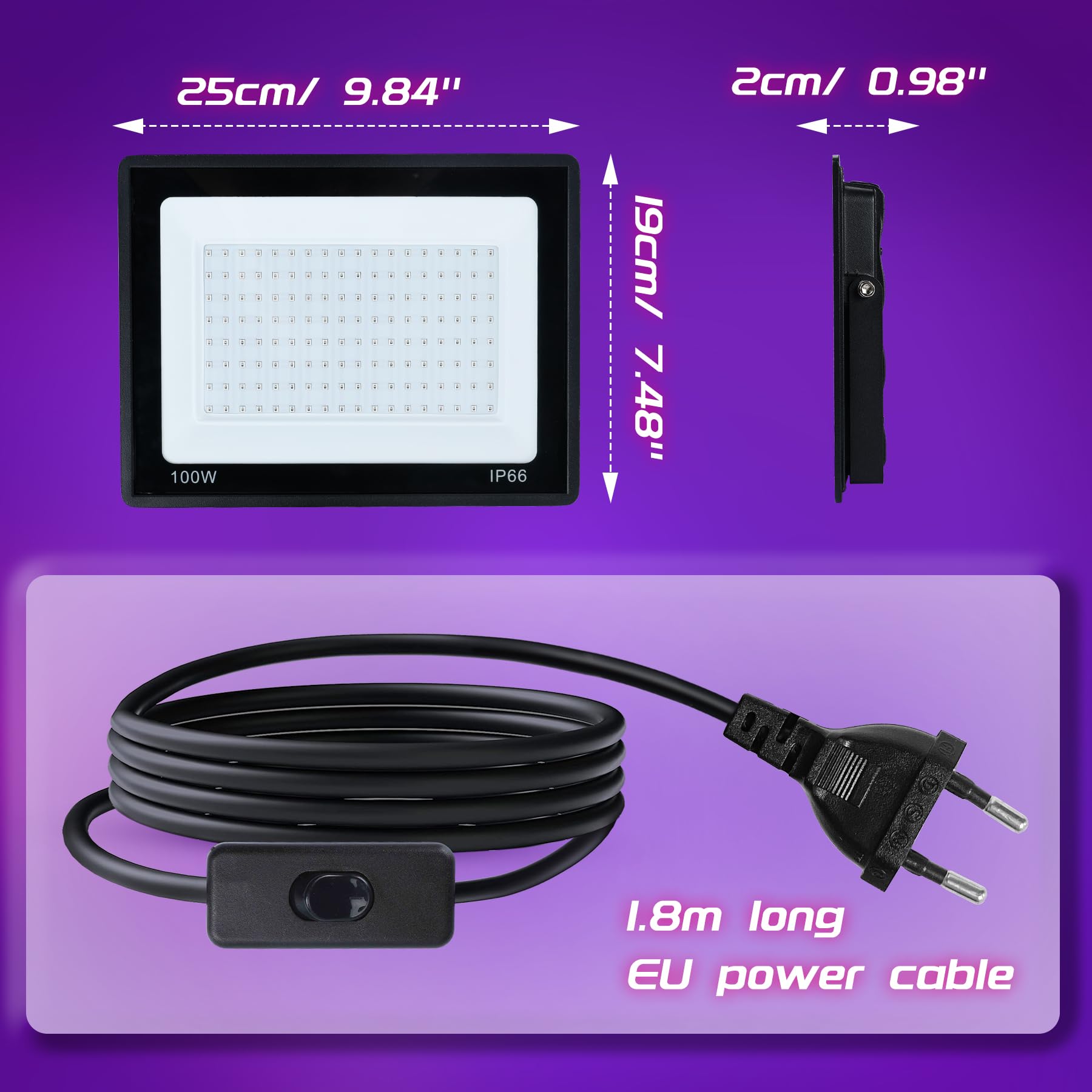 Projecteur Lumière Noire 100W, LED Lumières Noires Étanches IP66, Lumières UV Noires pour Fluo party, Disco DJ, Éclairage De Scène, Fête, Décoration D'Halloween, Peinture Corporelle