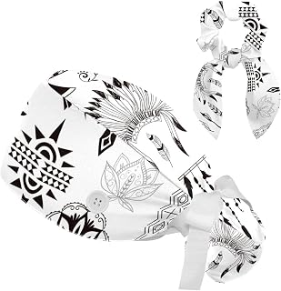 FVQL Set of 2 Bouffant Caps with Hairband Surgical Caps Scrub Cap, Hand Drawn Pattern Tribe Symbol