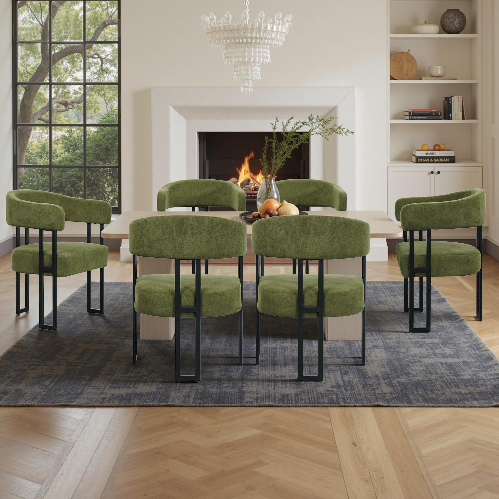 SIMTONAL Mid-Century Modern Dining Chairs Set of 6, Armrest Barrel Dining Chairs Side Accent Chairs with Curved Back, Upholstered Armchairs for