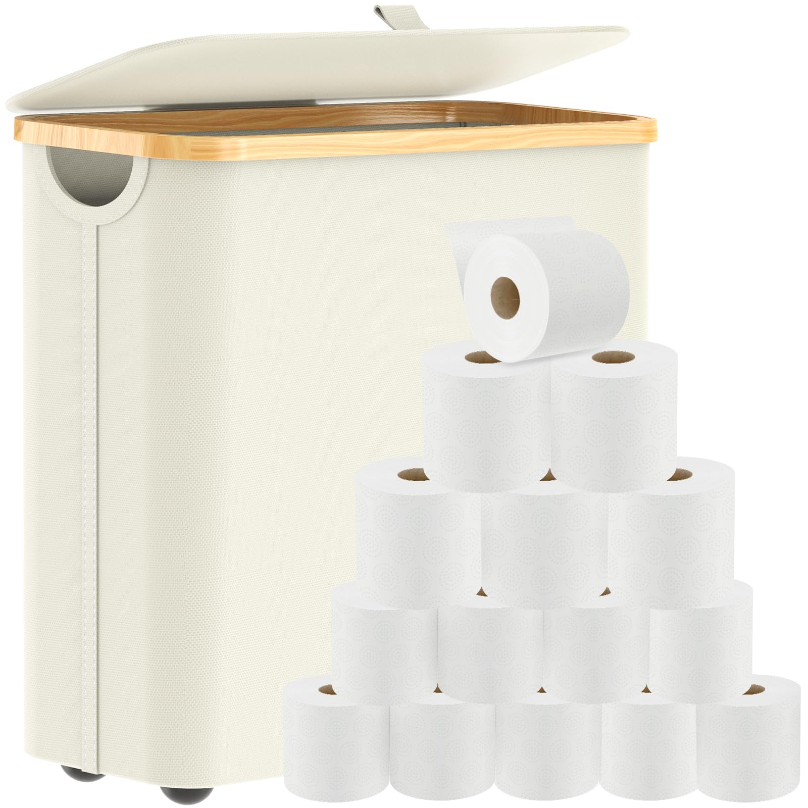 35L Toilet Paper Storage, Bamboo Toilet Paper Basket with Lid & Footbase, Extra Large Toilet Paper Holder Stand, Toilet Paper Organizer for Bathroom Holds up to 12 Mega or 20 Regular Rolls-Beige