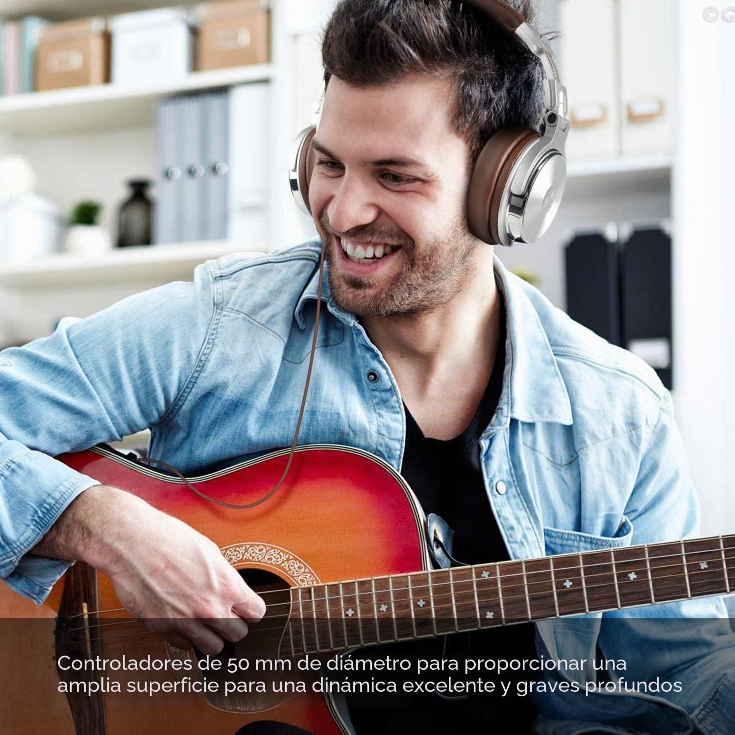 OneOdio Pro30 Auriculares DJ, Auriculares con Cable de Estudio, Estéreo de Alta Definición con Micrófono para Monitoreo Grabación y Mezclas, 50mm Controladores, Orejeras Proteicas, Plata y Marrón