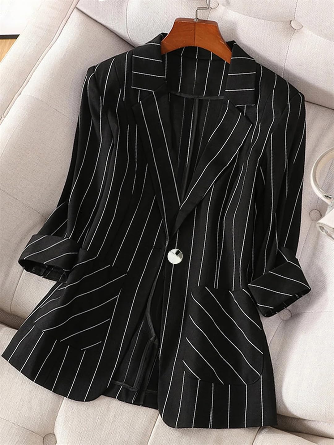Womens Striped Notched Blazer 3/4 Sleeve Lightweight Slim Fit Summer Casual Office Jacket