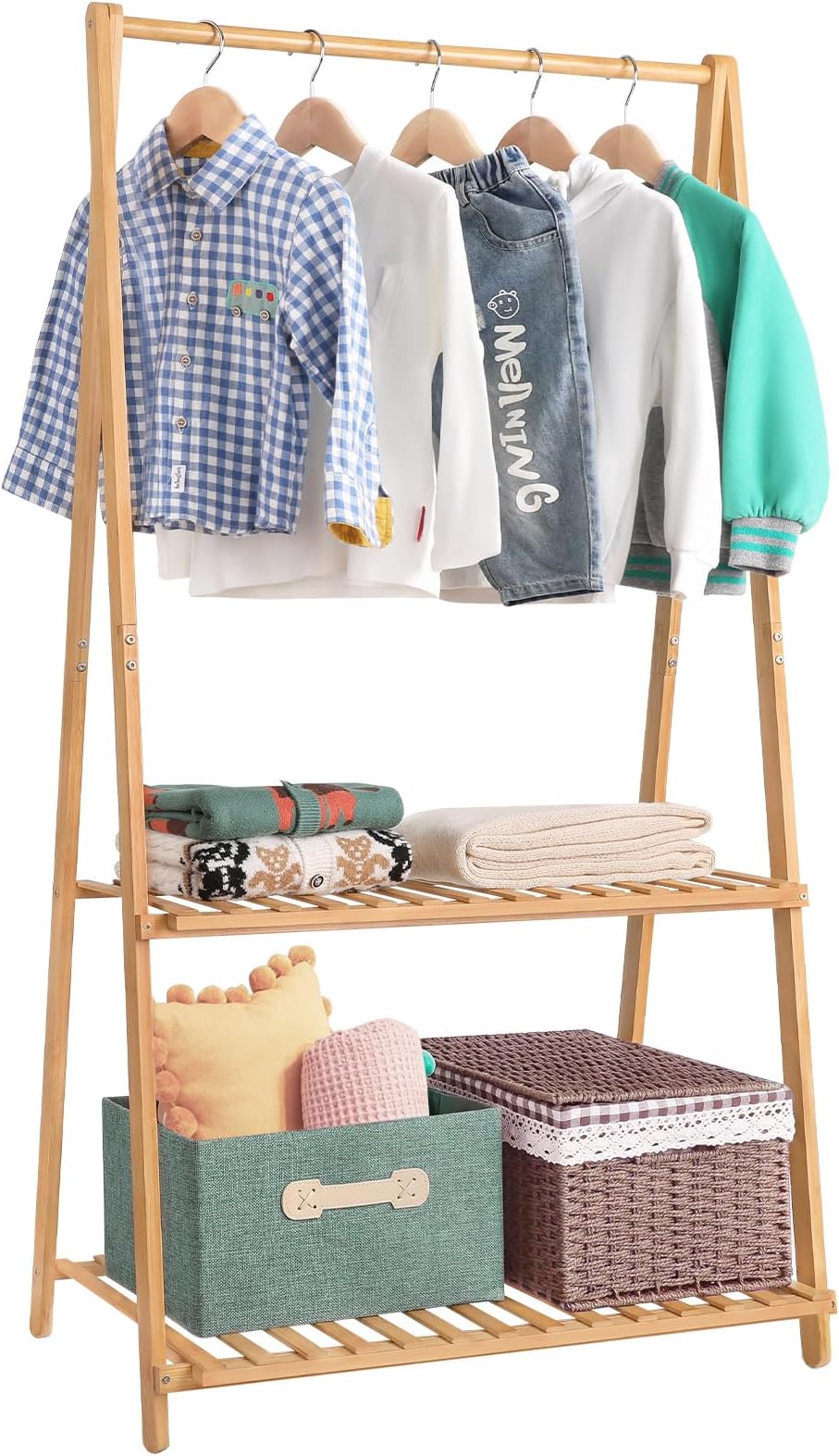 Small Clothes Rack Kids Dress Up Storage for Playroom, Toddlers Bedroom, Bamboo Child Garment Rack with 2 Tier Storage Shelf, Kids Clothing Rack Costumes Organizer
