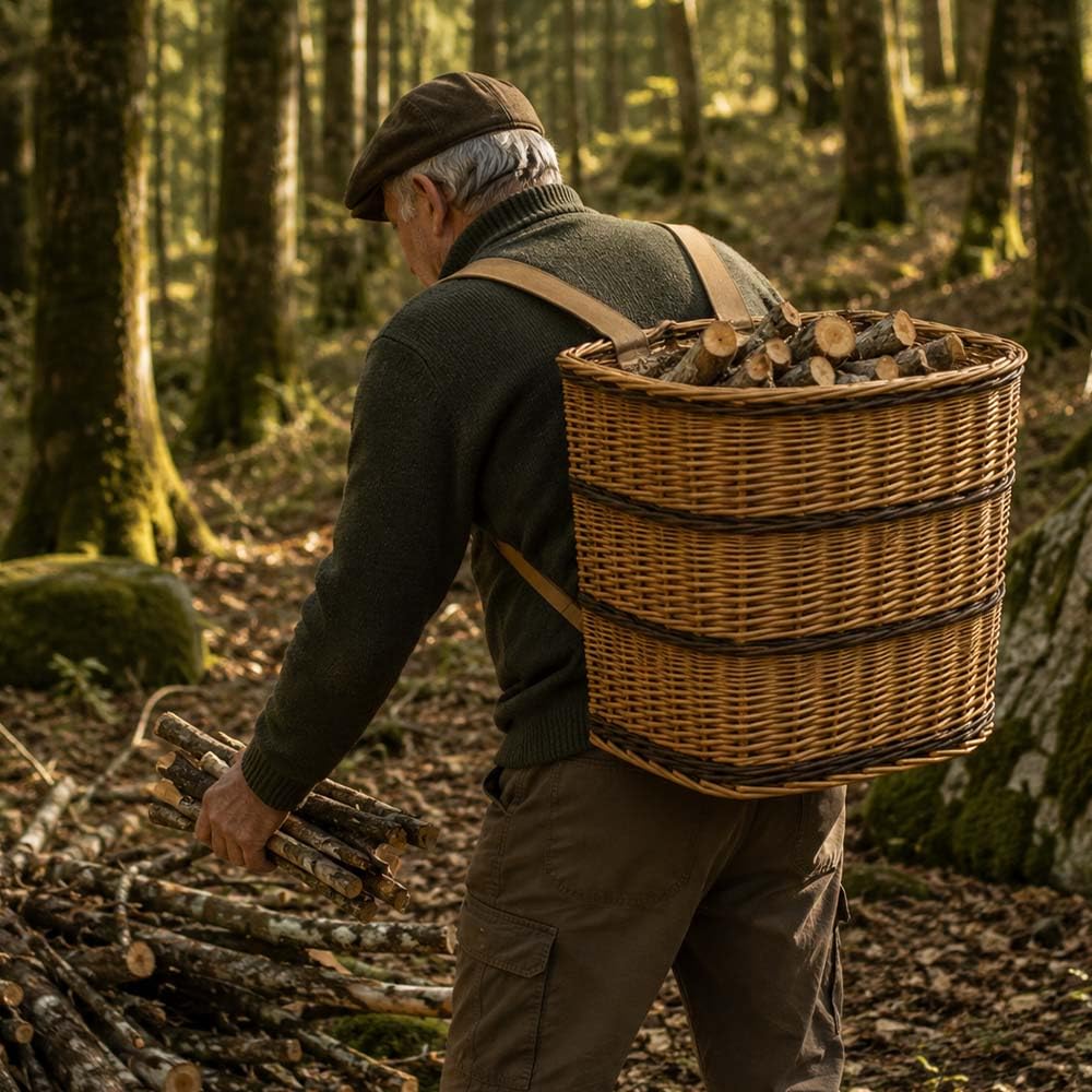 "Gerla Vimini Grande con Tracolle 52x38 h48 cm — Cesto Portalegna Camino, Raccolta Funghi e Castagne, Cesto Giardino — Zaino Spalla Rustico