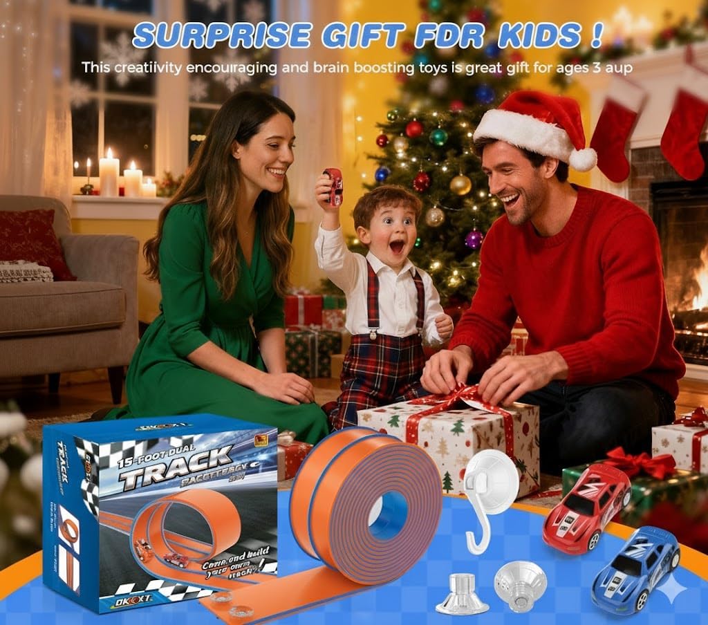 15 Ft Flexible Race Track for Kids, DIY Car Track Set with 2 Toy Cars & 3 Suction Cup Ramps, Easter Basket Stuffers for Teens & Boys Girls, Creative Easter Gifts for Kids, Orange