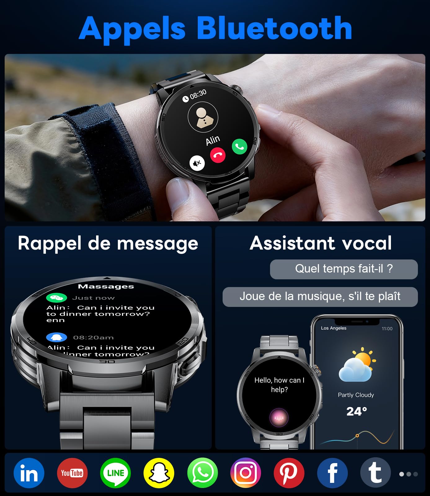 FEELNEVER Montre Connectée Homme avec 1000mAh/1,85'' HD Grand Écran/LED Lampe,Smartwatch Homme avec Moniteur de Fréquence Cardiaque et Sommeil/110+ Modes Sportifs,IP68 Étanche Android iOS, Noir