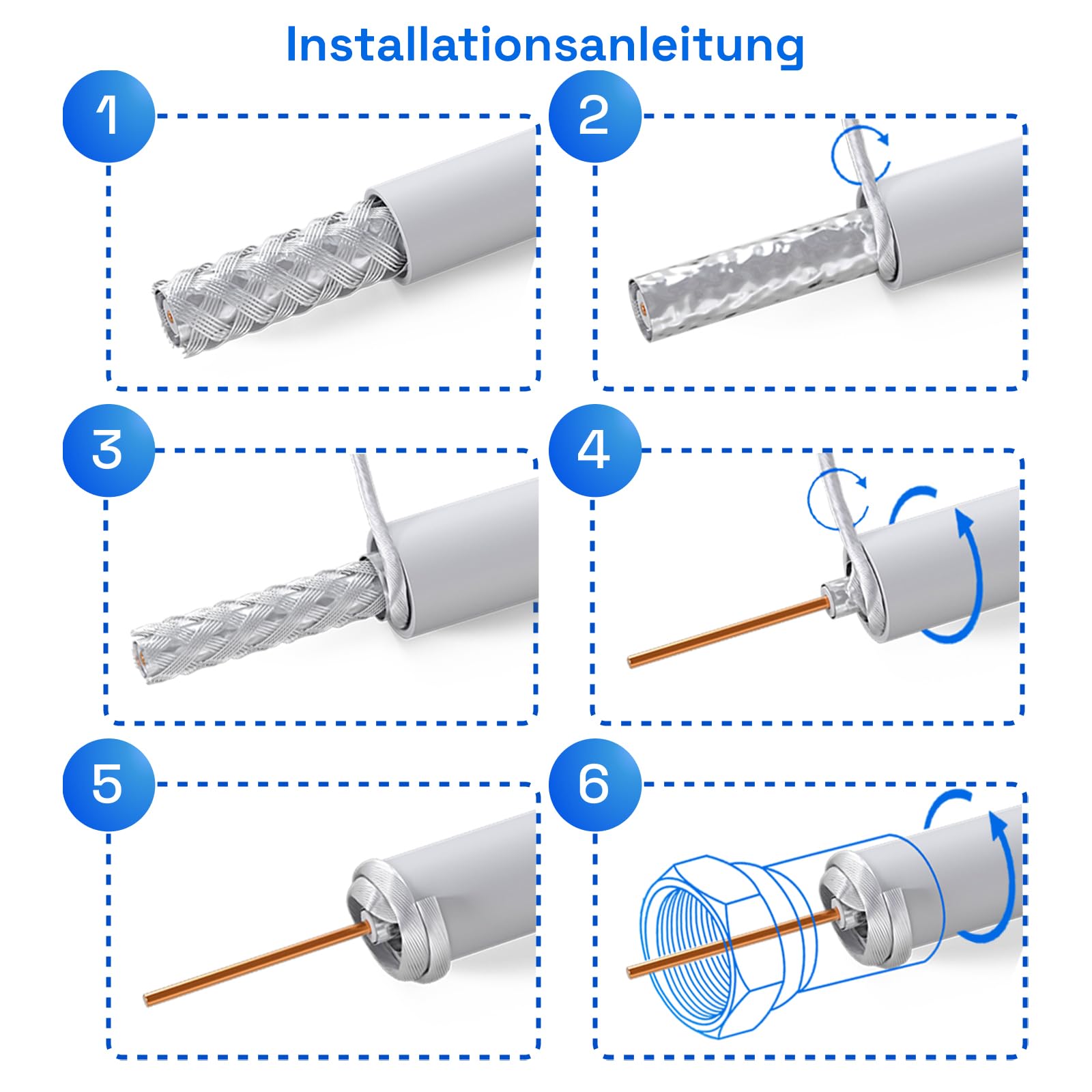 HB-DIGITAL 50m SAT Koaxialkabel 135dB 4-fach geschirmt 8K 4K UHD inkl. 10x F-Stecker – Antennenkabel für DVB-S2 DVB-C2 DVB-T2 TV SAT – CCS Innenleiter – Weiß