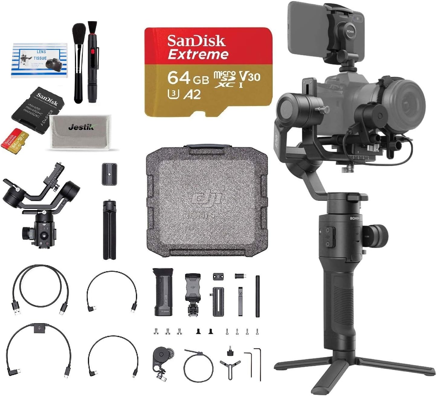 DJI 2019 Ronin-SC Pro Combo 3-Axis Gimbal Stabilizer for Mirrorless Cameras, Comes with 64GB Micro SD, Lens Cleaning Kit, Plus Jestik Microfiber Cloth - Value Bundle