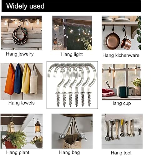 Miniatura 4 de 50 ganchos de techo de acero inoxidable (304) con tornillos de 7/8 pulgadas, ganchos de luz atornillados para colgar en exteriores e interiores
