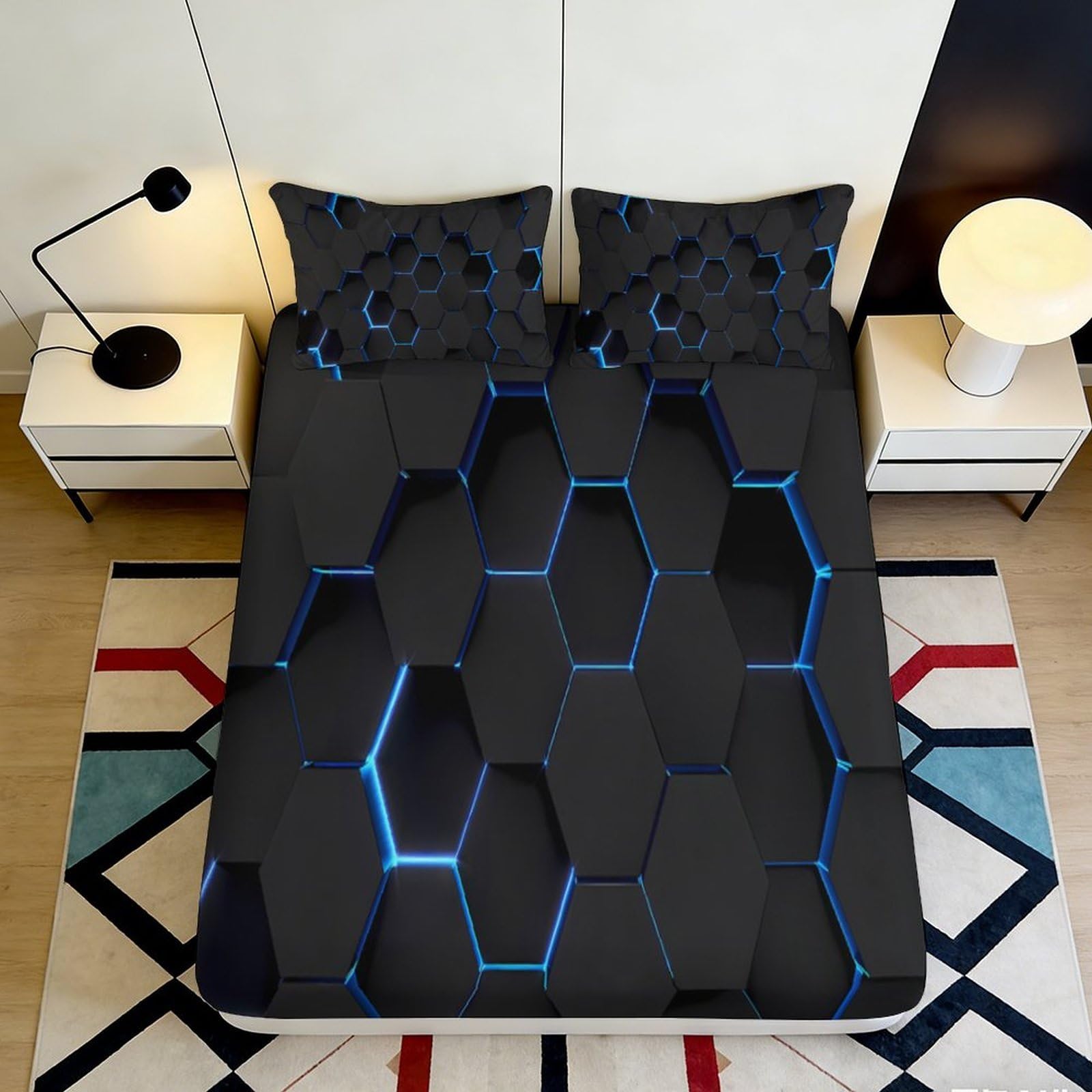 Pnayamiorkfel Style-7 3D Printed Hexagon Pattern Fitted Sheet Microfiber Dark Blue Geometric Mattress Cover For Bedroom Guest Room Decor 90X200x25cm