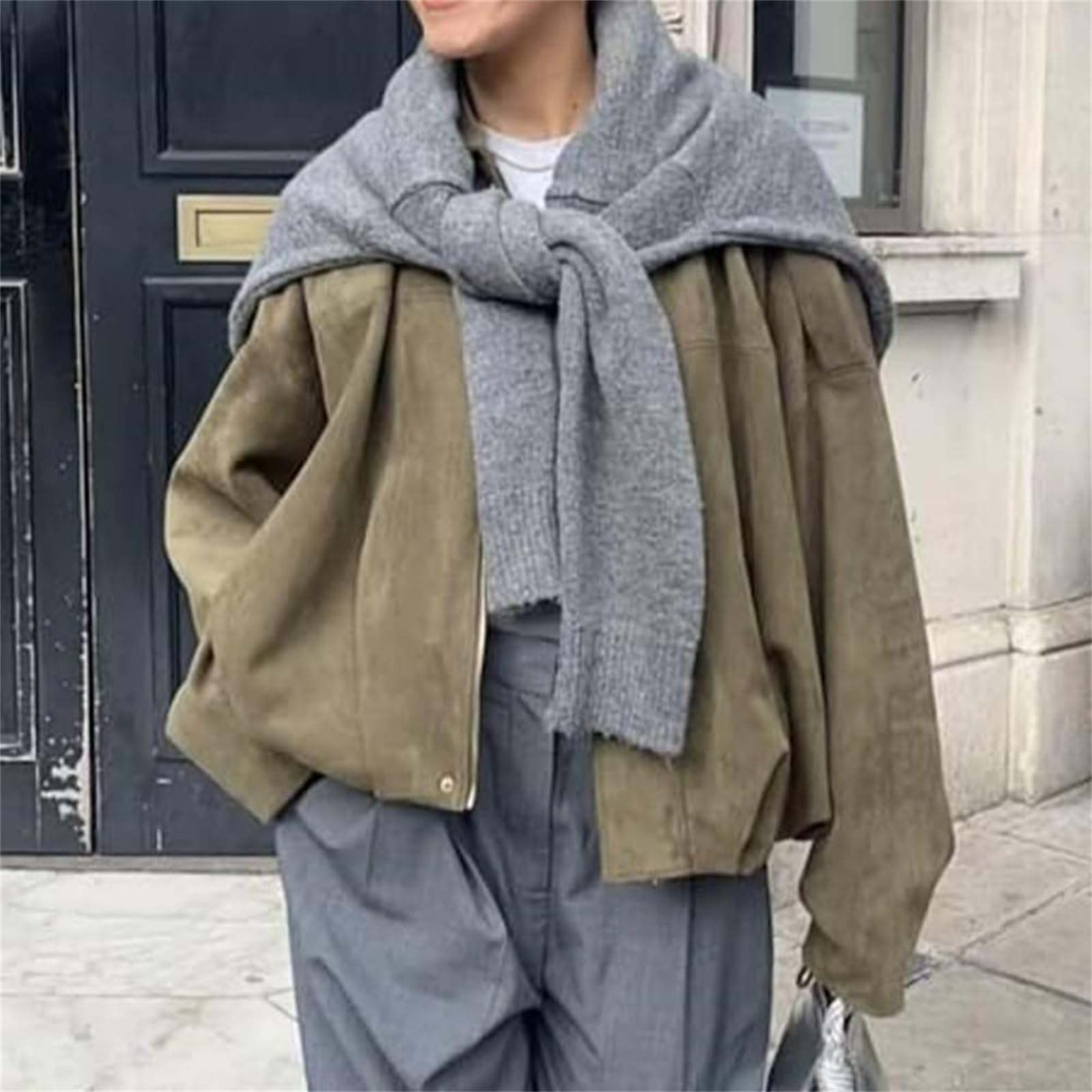 Generisch Chaqueta bomber de ante sintético para mujer, estilo informal, de manga larga, estilo urbano, estilo casual