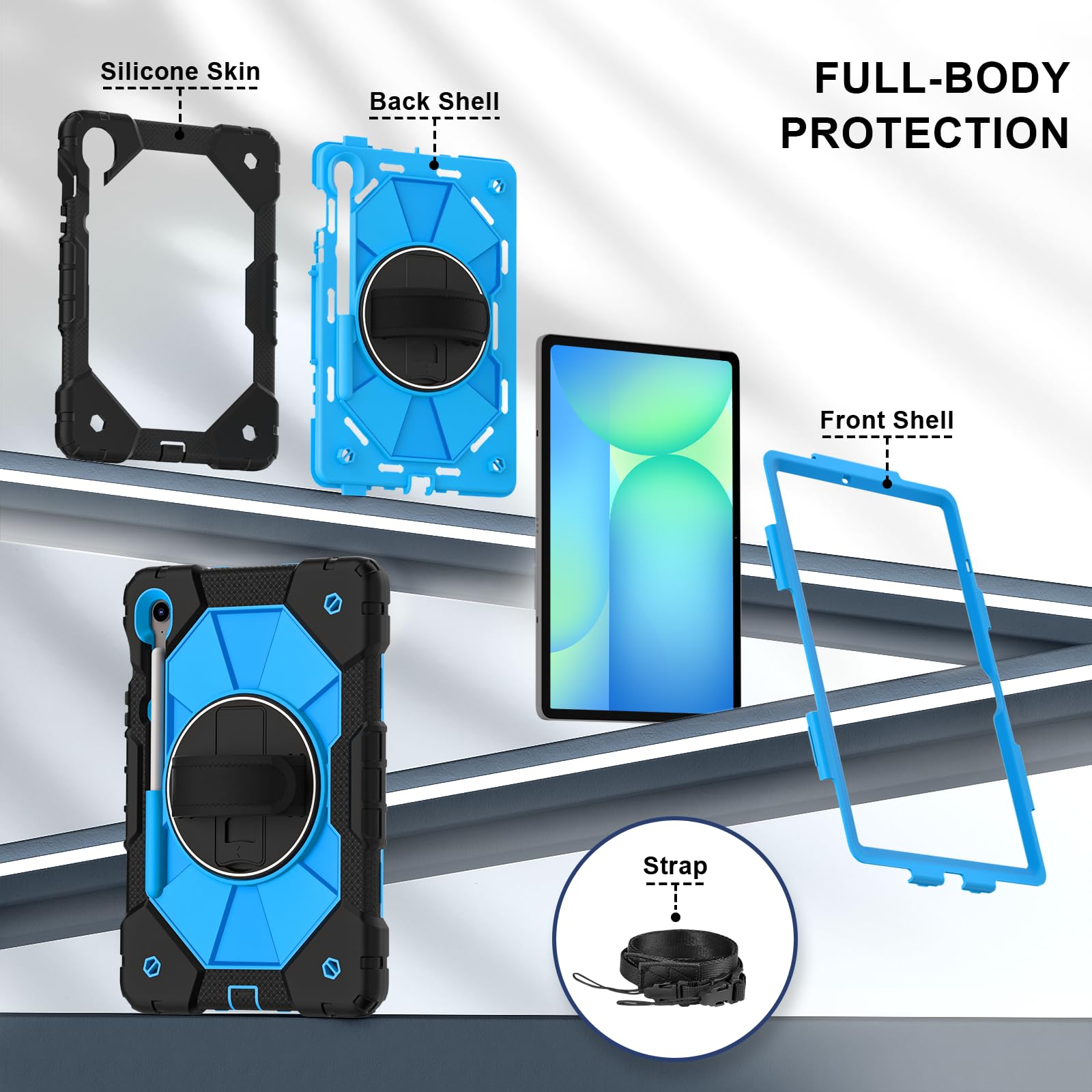 Custodia robusta per Samsung Galaxy Tab S10 Lite 10.9 pollici 2025 SM-X400/X406B con supporto per penna a S, cavalletto girevole, impugnatura rigida antiurto armatura cover w/tracolla (nero +