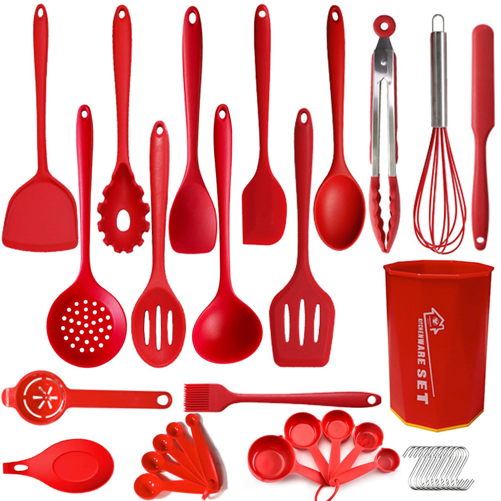 UXIYI Silicone Kitchen Utensils Set, 36PCS Heat Resistant Cooking Utensil with Holder, Kitchen Gadgets and Tools for Nonstick Cookware,36pcs Red