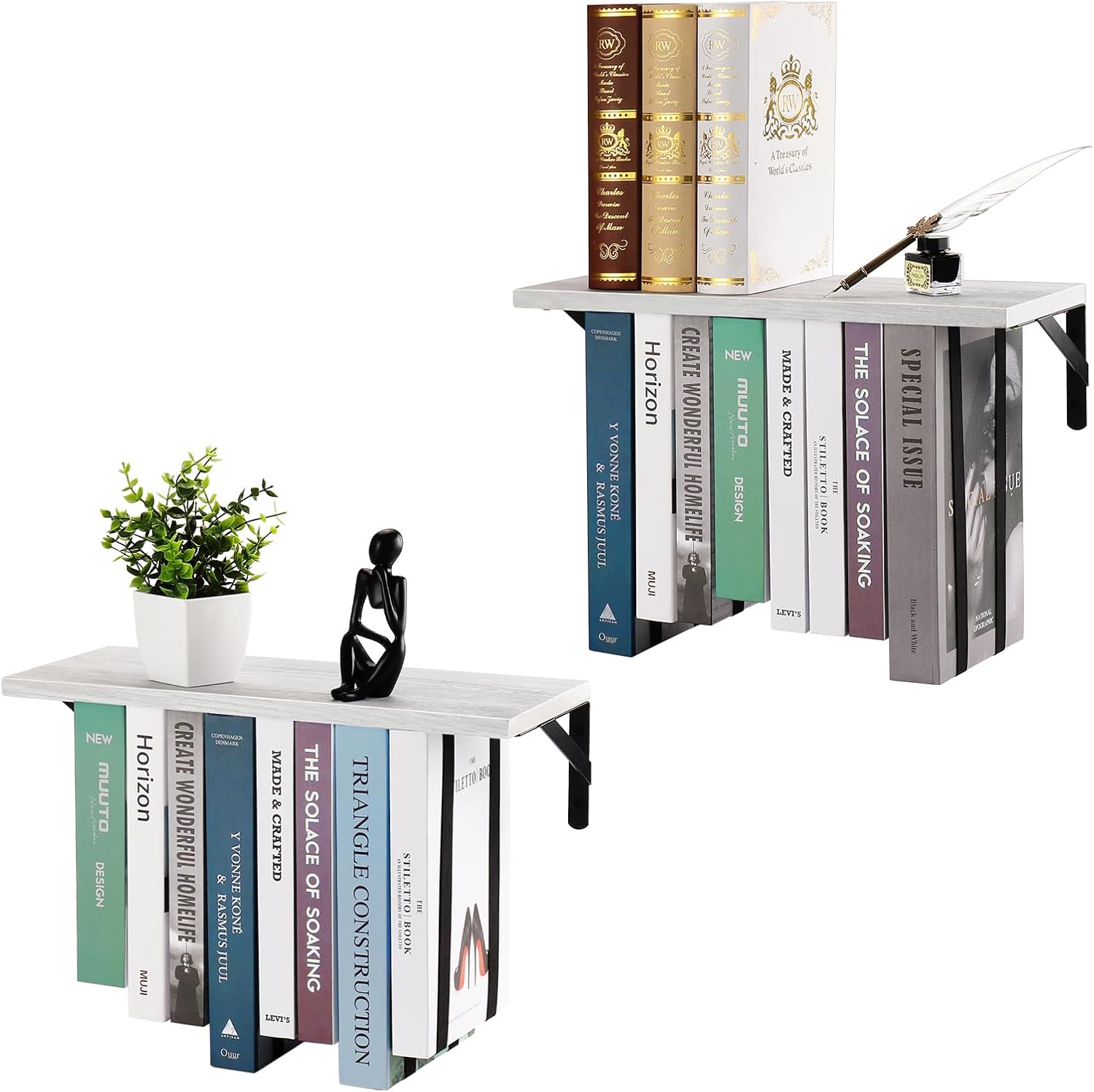 Floating Book Shelves for Wall, Multi-Function Space Saving Wall Bookshelf, Unique Wooden Hanging Bookshelf for Bedroom Living Room Decor & Storage, 16″ x 7″ (2 Packs, White)