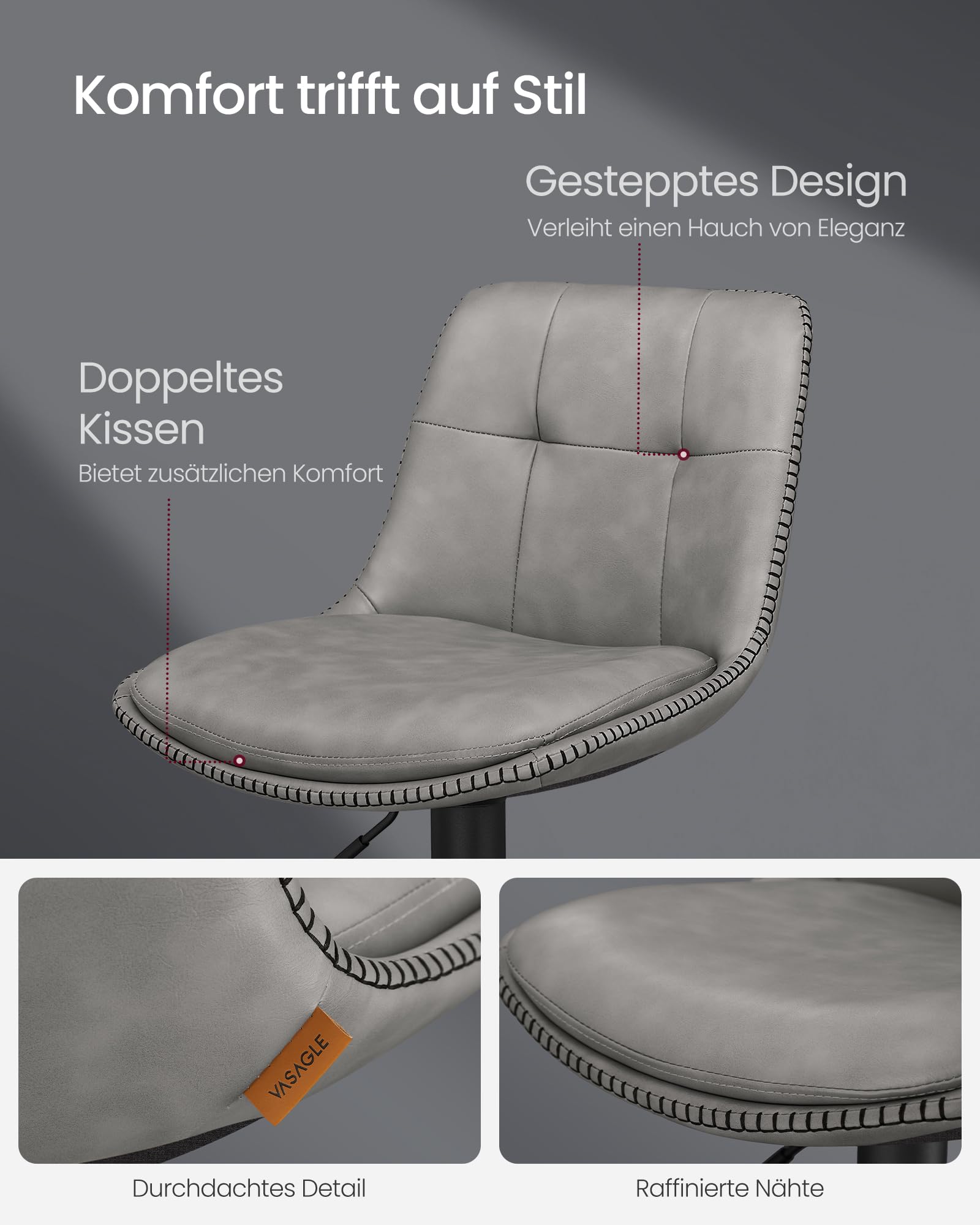 VASAGLE Barhocker 2er Set, Barstühle höhenverstellbar, drehbare Küchenhocker, PU-Bezug, mit Rückenlehne und Fußstütze, Esszimmer, Theke, Stahl, höhenverstellbar 65-85,5 cm, grau-Mattschwarz LJB095G01