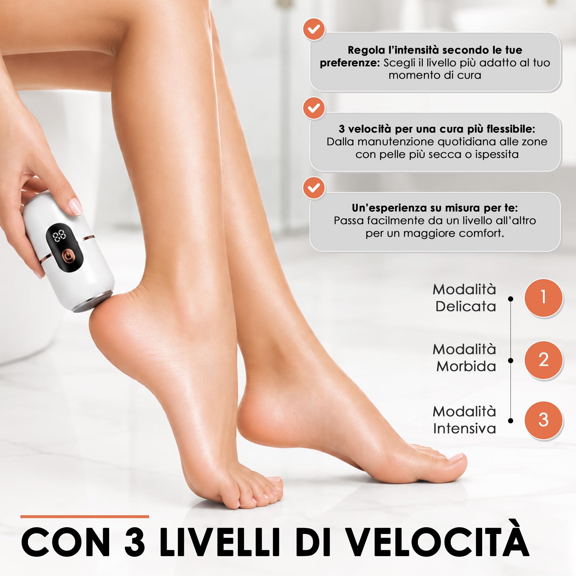 Pedicure Elettrica Professionale Piedi, Lima elettrica per piedi, Rimuovere calli, pelle morta e talloni ruvidi, strumento per pedicure a 3 velocità con 2 testine abrasive sostituibili.