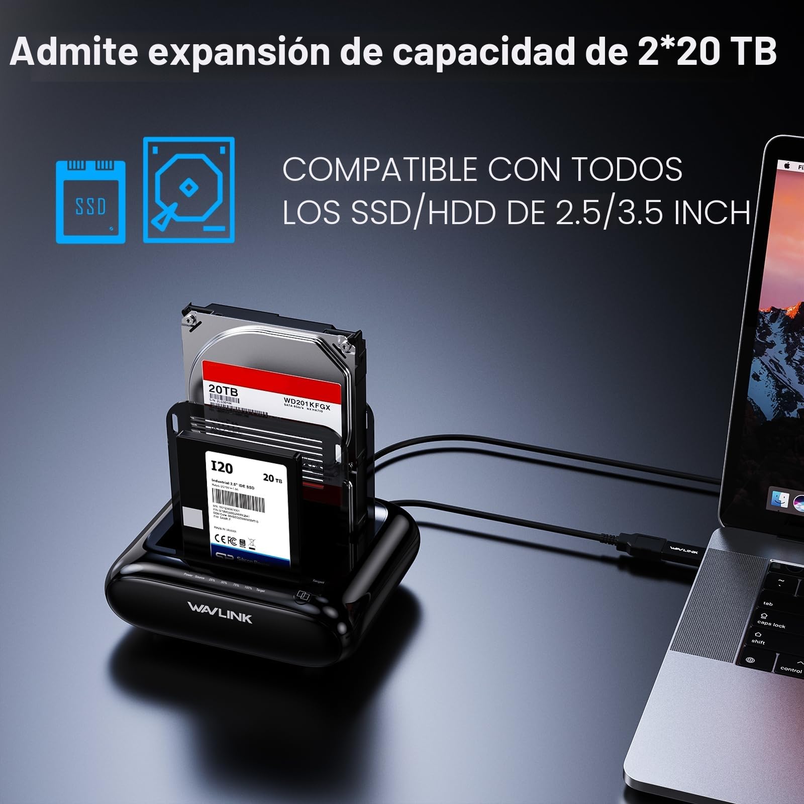 WAVLINK Doble bahía Estación de Acoplamiento para Disco Duro Externo Soporta 2x20TB, USB 3.0 a SATA I/II/III para 2.5 o 3.5in HDD, SSD con función de clonado Offline, soporta UASP SATA 5Gbps